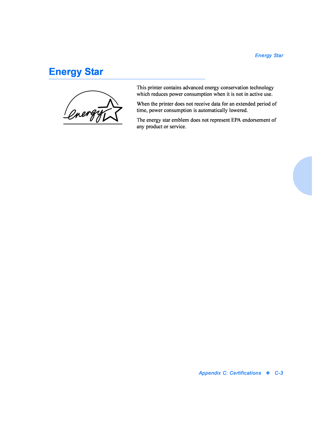 Xerox DocuPrint P8ex manual Energy Star, Appendix C: Certifications 