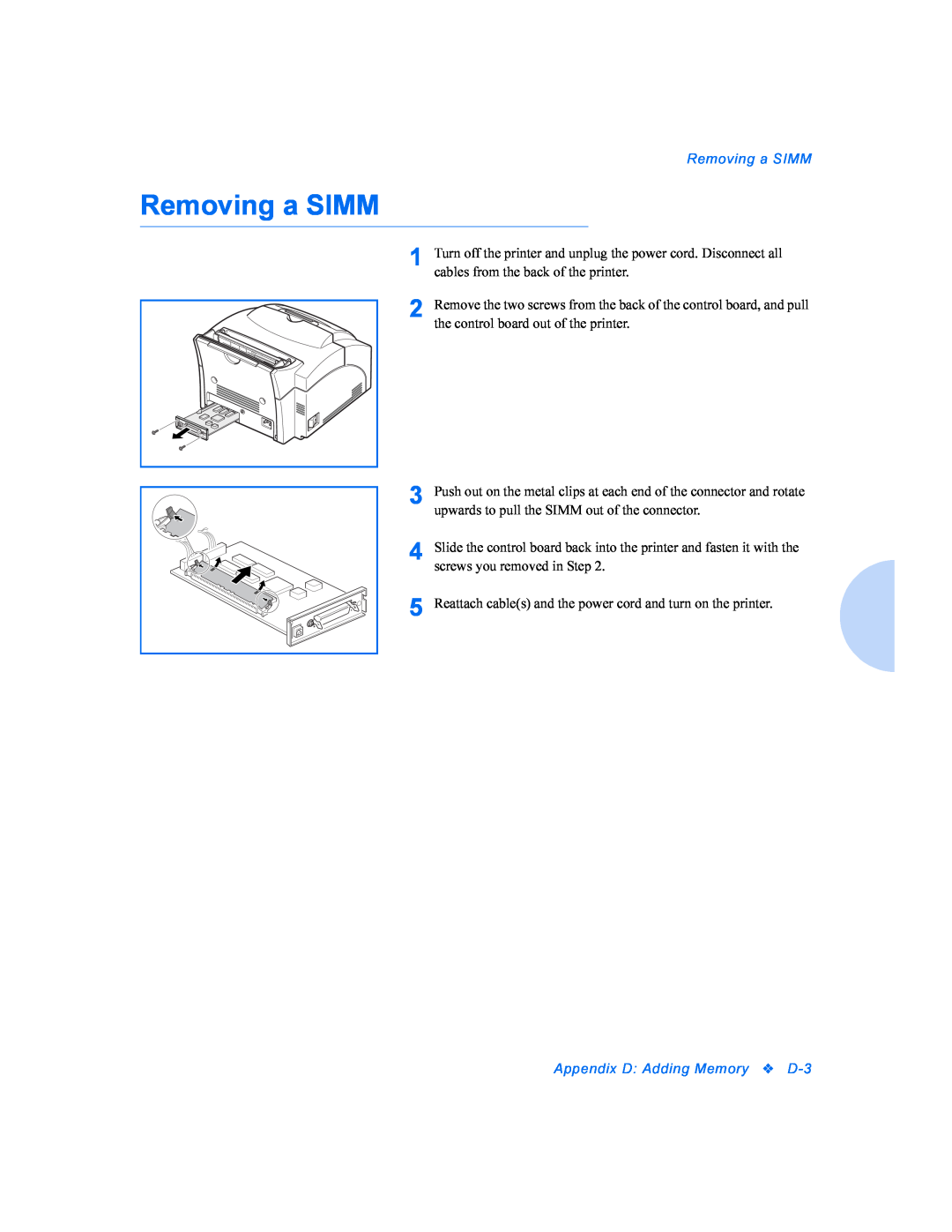 Xerox DocuPrint P8ex manual Removing a SIMM, Appendix D: Adding Memory 