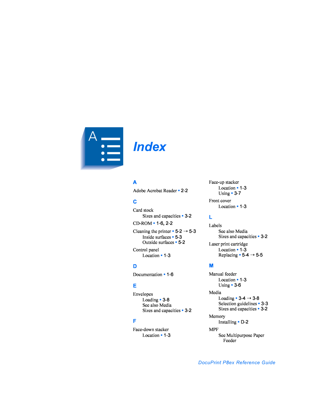 Xerox manual Index, DocuPrint P8ex Reference Guide 