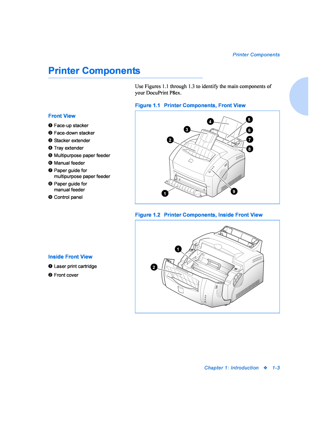 Xerox DocuPrint P8ex 1 Printer Components, Front View, 2 Printer Components, Inside Front View, Introduction 
