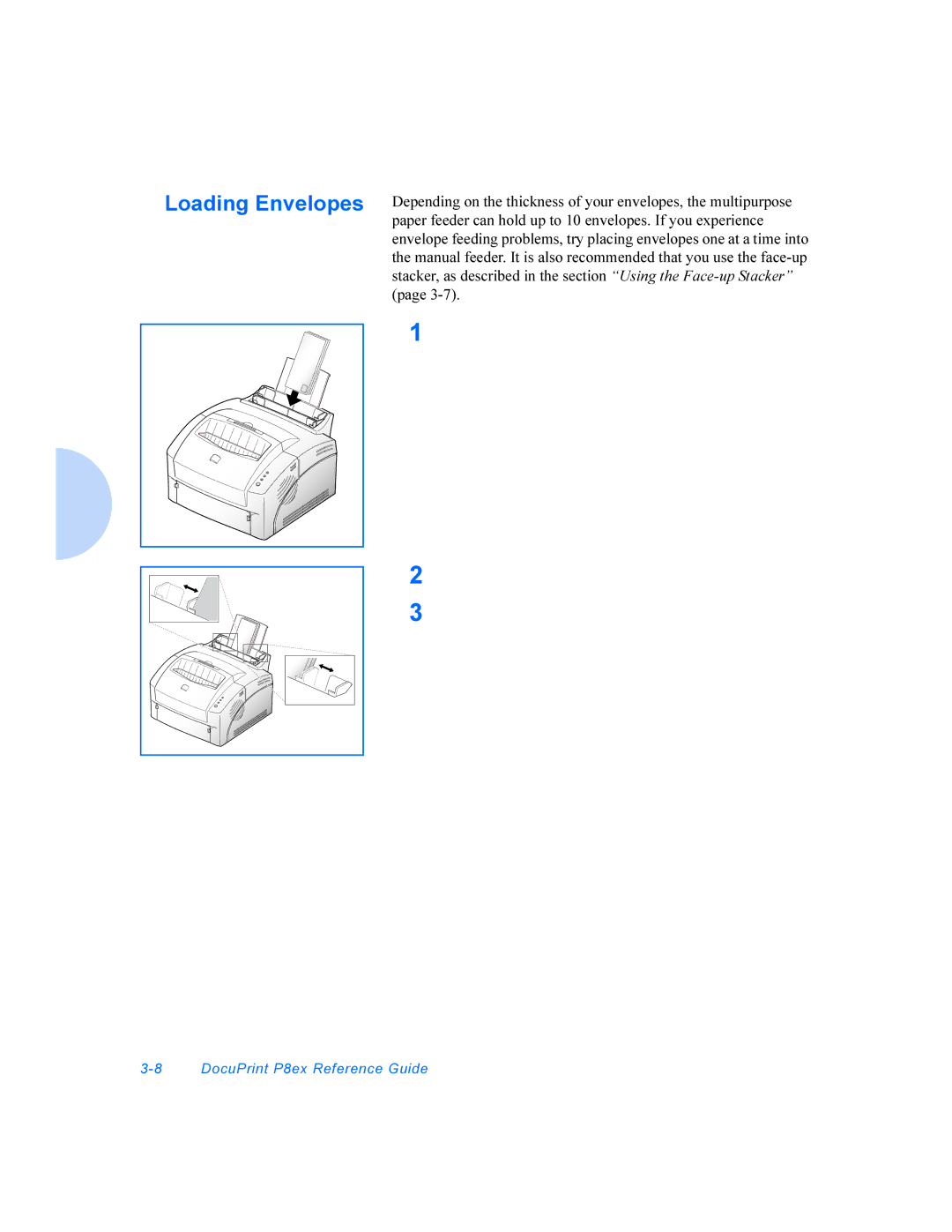 Xerox DocuPrint P8ex manual Loading Envelopes, Insert the envelopes in the multipurpose paper feeder 