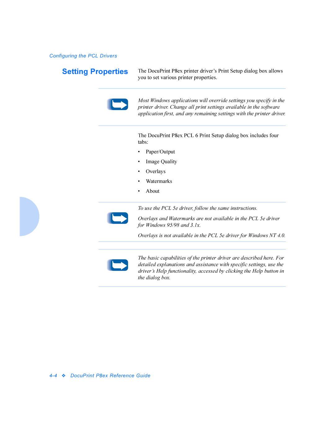 Xerox DocuPrint P8ex manual Configuring the PCL Drivers 