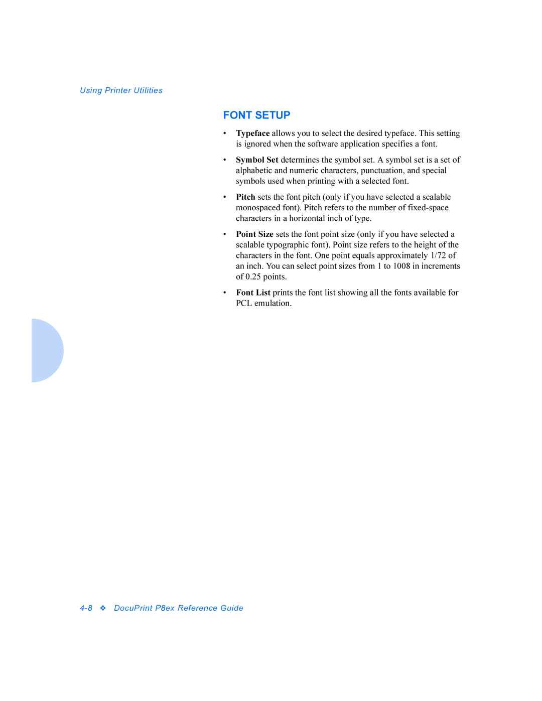 Xerox DocuPrint P8ex manual Font Setup 