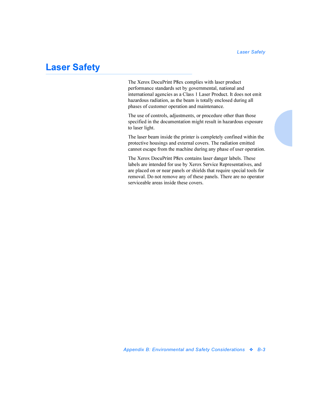 Xerox DocuPrint P8ex manual Laser Safety 