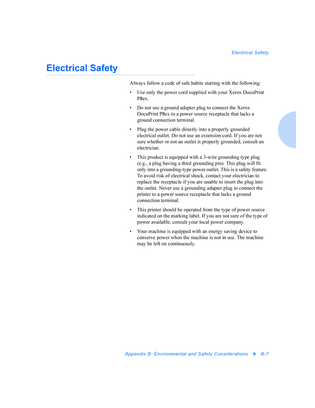 Xerox DocuPrint P8ex manual Electrical Safety 