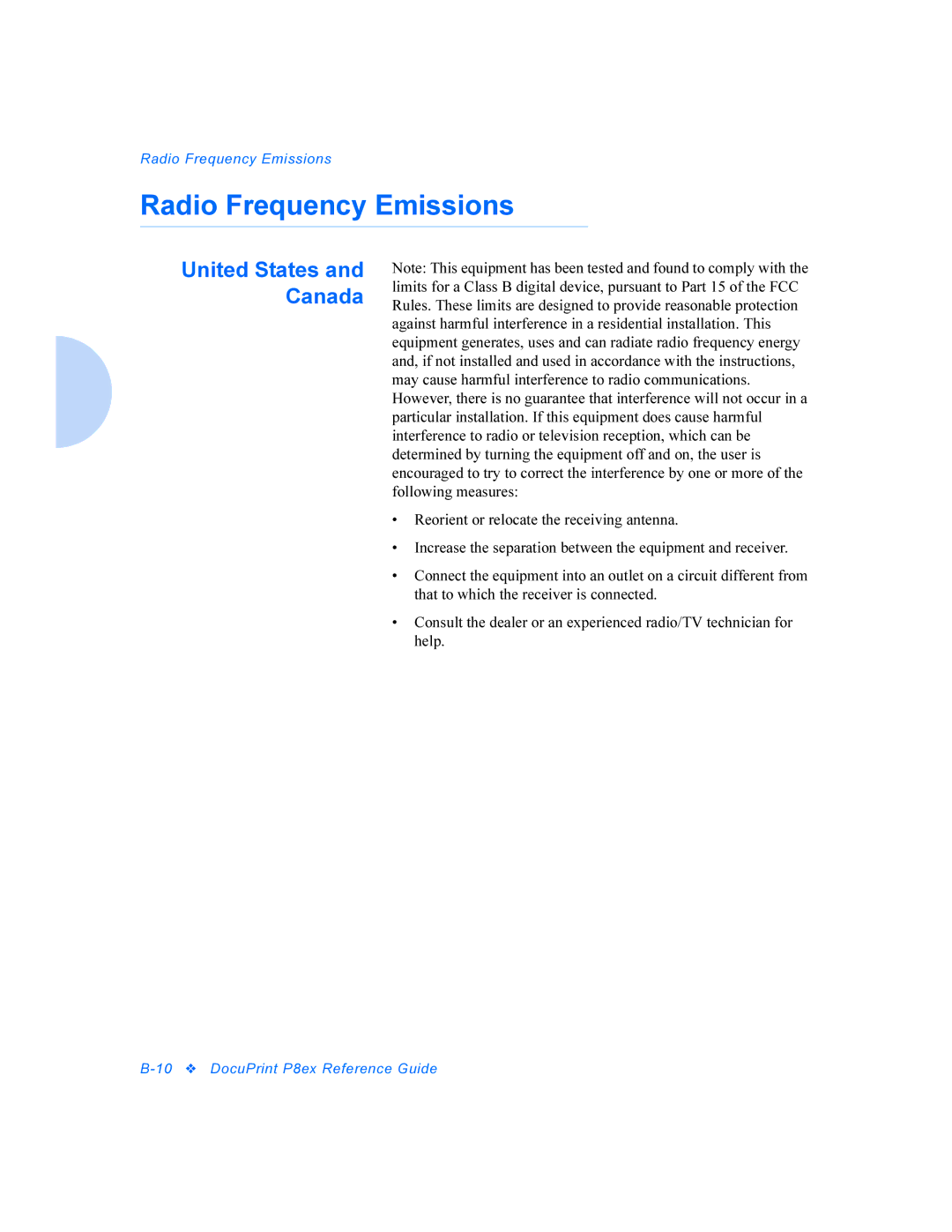 Xerox DocuPrint P8ex manual Radio Frequency Emissions, United States and Canada 