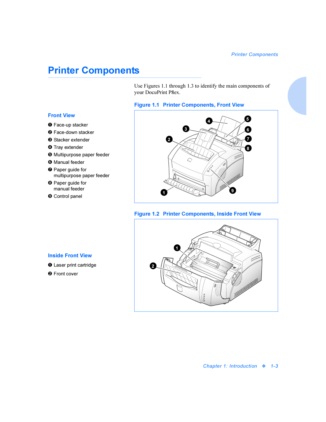 Xerox DocuPrint P8ex manual Printer Components, Front View 