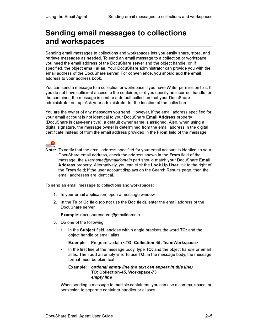 Xerox DocuShare 6.0 manual Sending email messages to collections and workspaces, To Collection-45, Workspace-73 empty line 