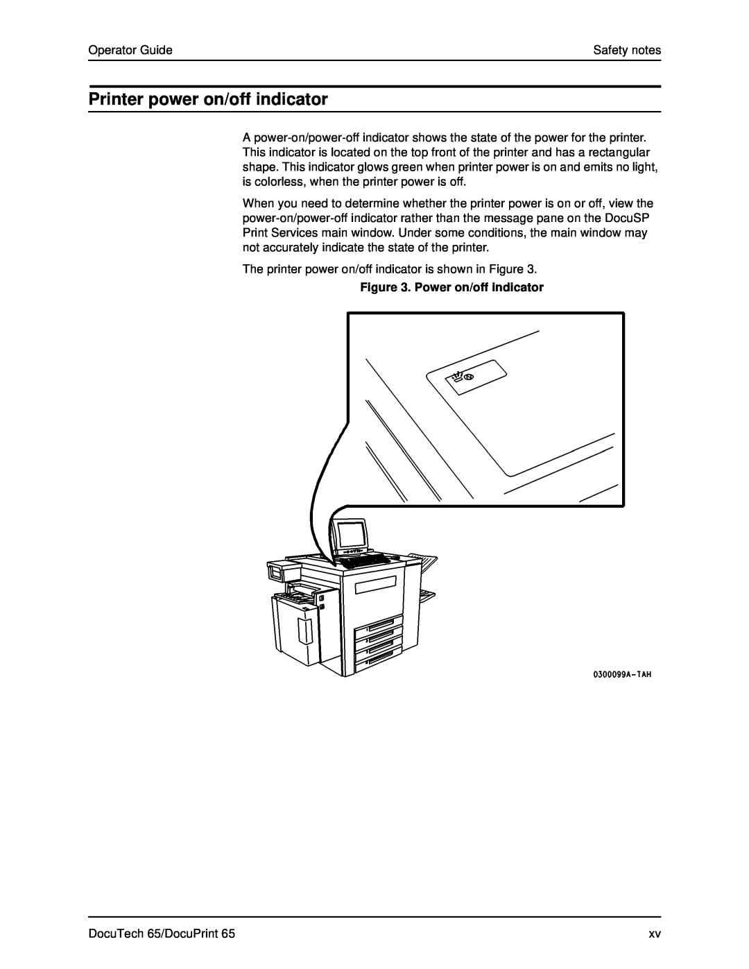 Xerox DOCUTECH 65 manual Printer power on/off indicator, Power on/off indicator 