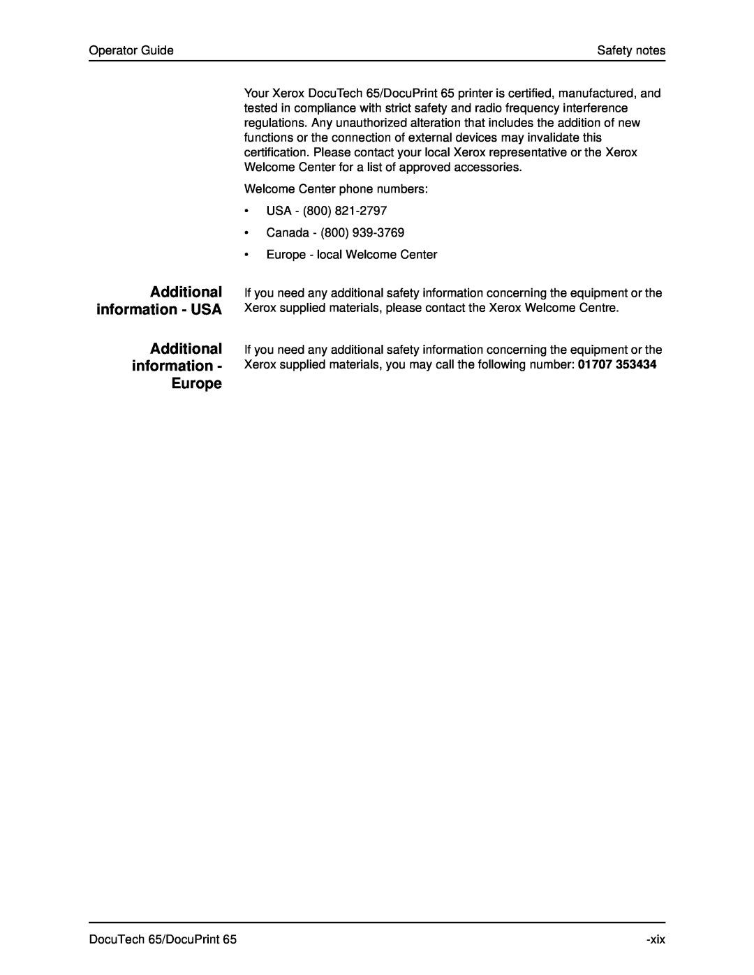 Xerox DOCUTECH 65 manual Additional information - USA Additional information - Europe 