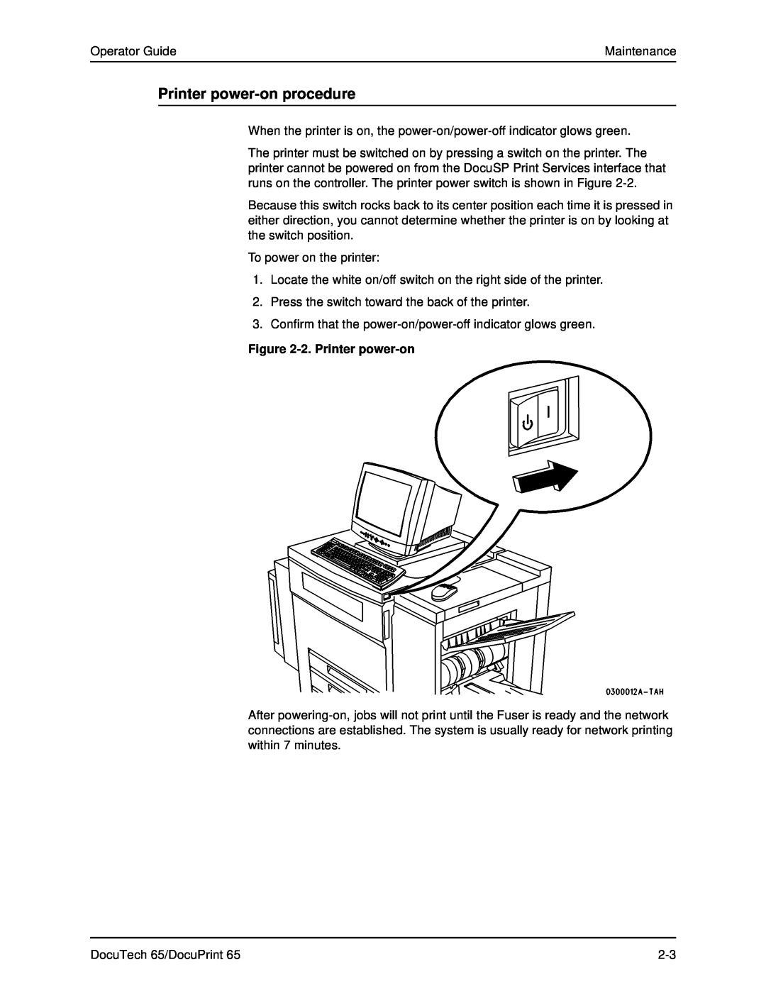 Xerox DOCUTECH 65 manual Printer power-on procedure, 2. Printer power-on 