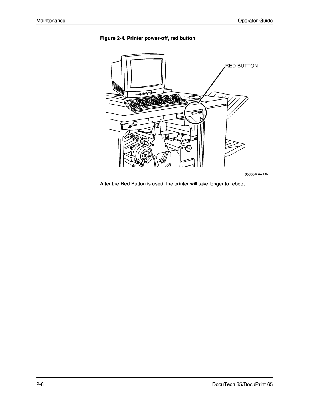 Xerox DOCUTECH 65 manual Maintenance, Operator Guide, 4. Printer power-off, red button, Red Button, DocuTech 65/DocuPrint 