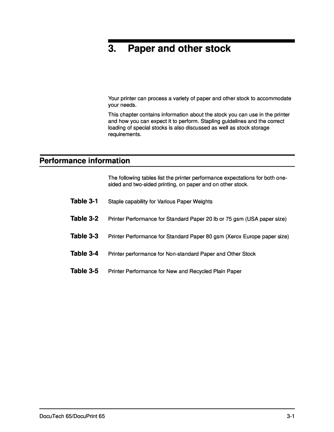 Xerox DOCUTECH 65 manual Paper and other stock, Performance information 