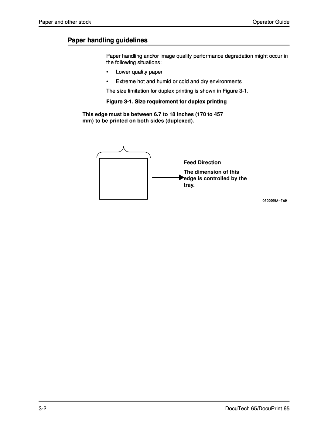 Xerox DOCUTECH 65 manual Paper handling guidelines, 1. Size requirement for duplex printing 