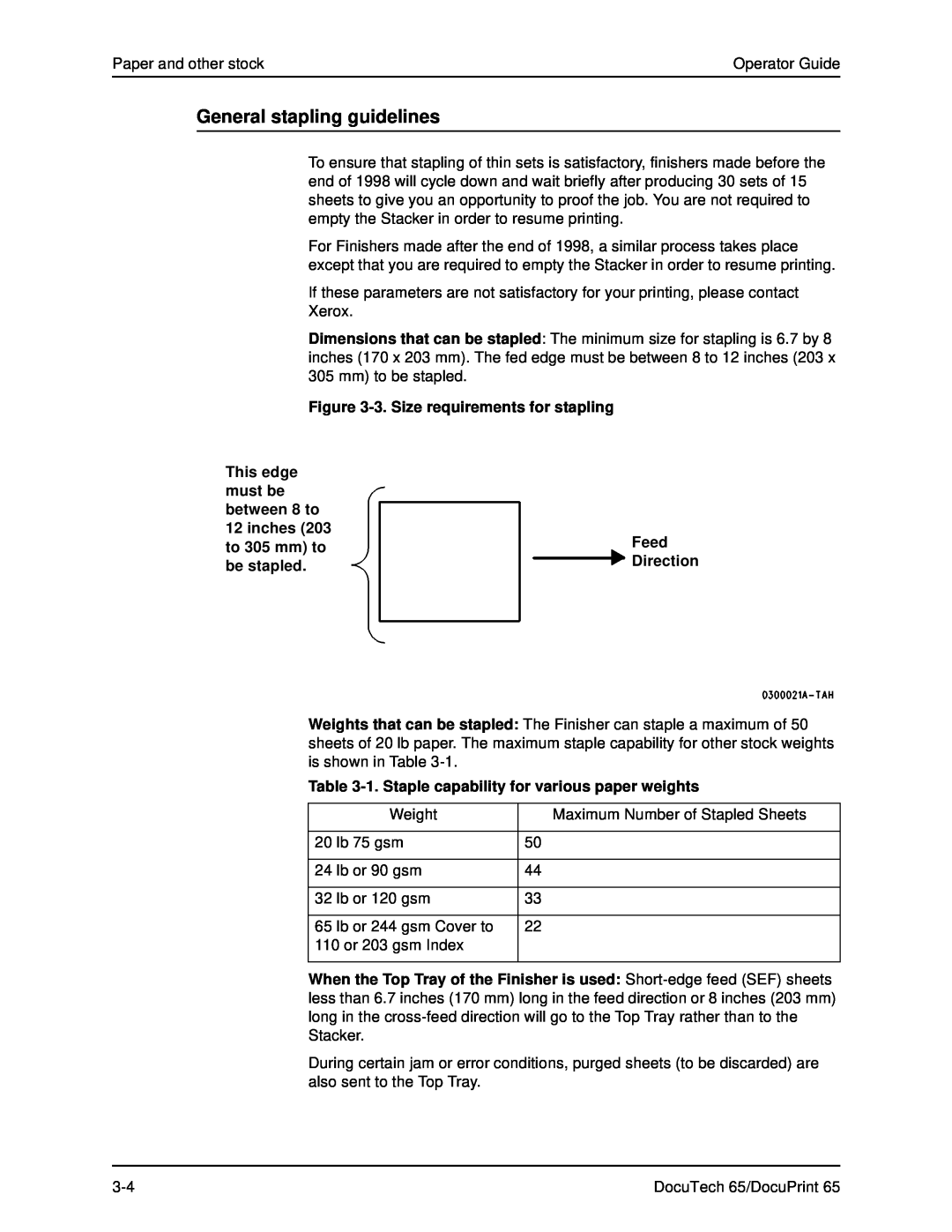 Xerox DOCUTECH 65 General stapling guidelines, 3. Size requirements for stapling, This edge, must be, between 8 to, inches 