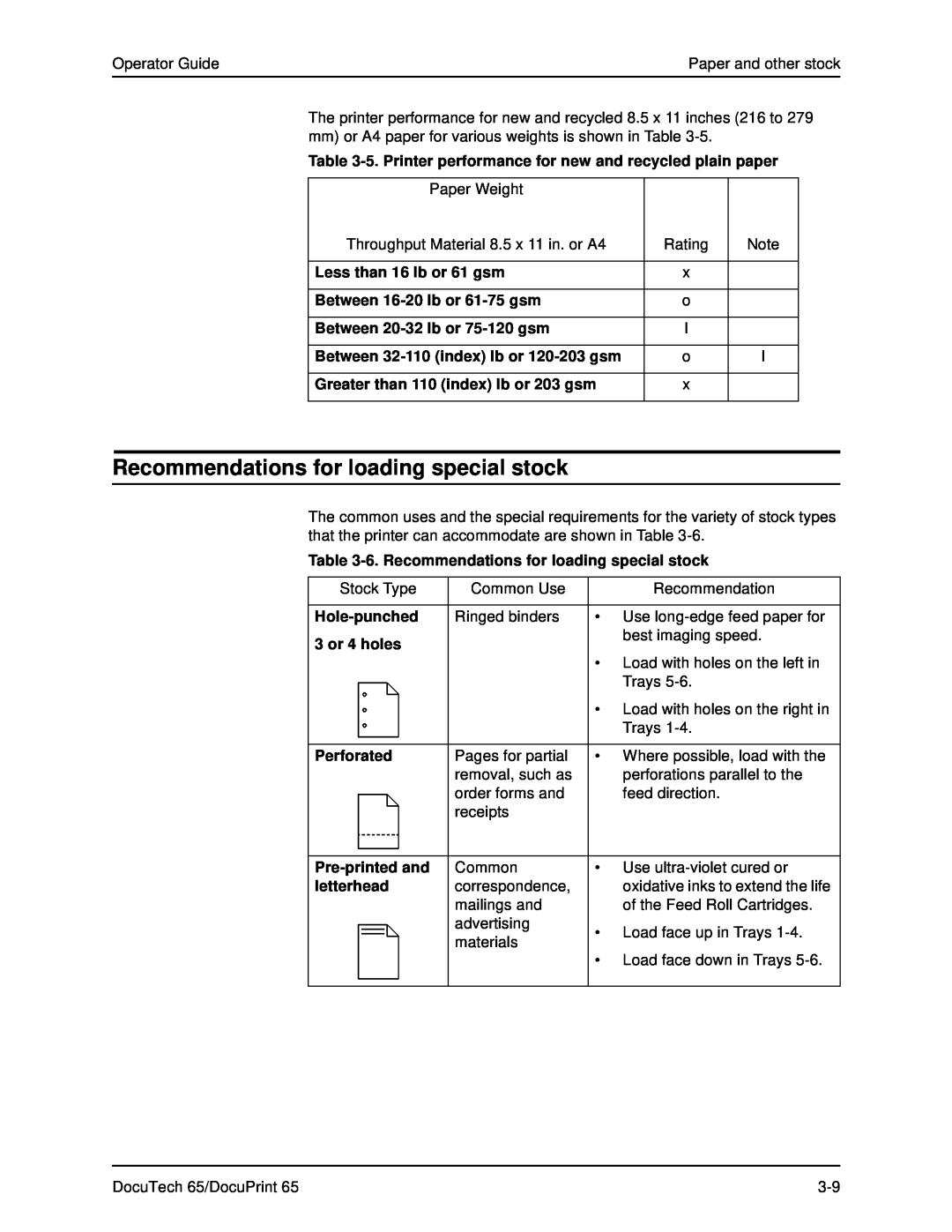 Xerox DOCUTECH 65 manual Recommendations for loading special stock, 5. Printer performance for new and recycled plain paper 