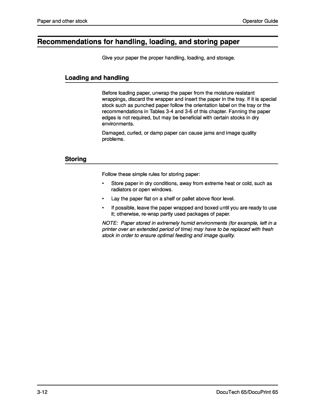 Xerox DOCUTECH 65 manual Recommendations for handling, loading, and storing paper, Loading and handling, Storing 