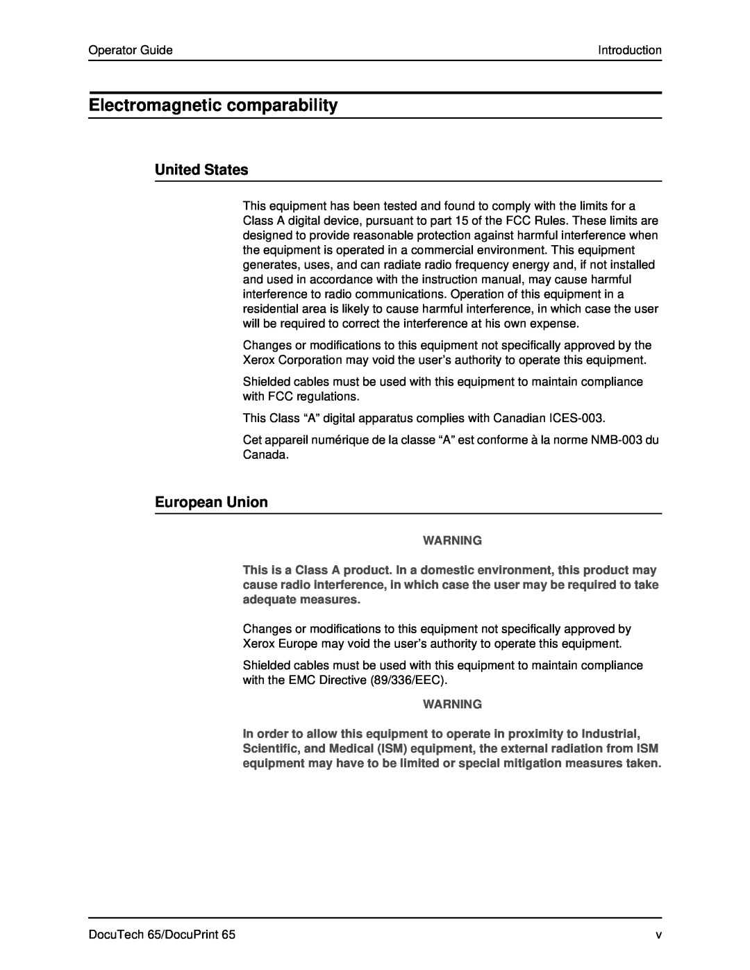 Xerox DOCUTECH 65 manual Electromagnetic comparability, United States, European Union 