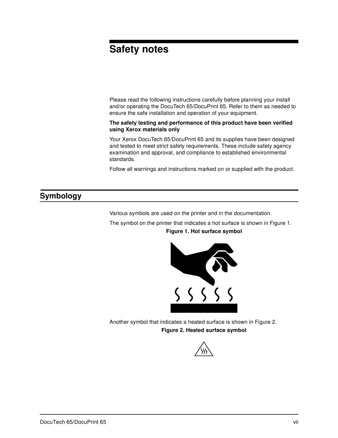 Xerox DOCUTECH 65 manual Symbology, Hot surface symbol 