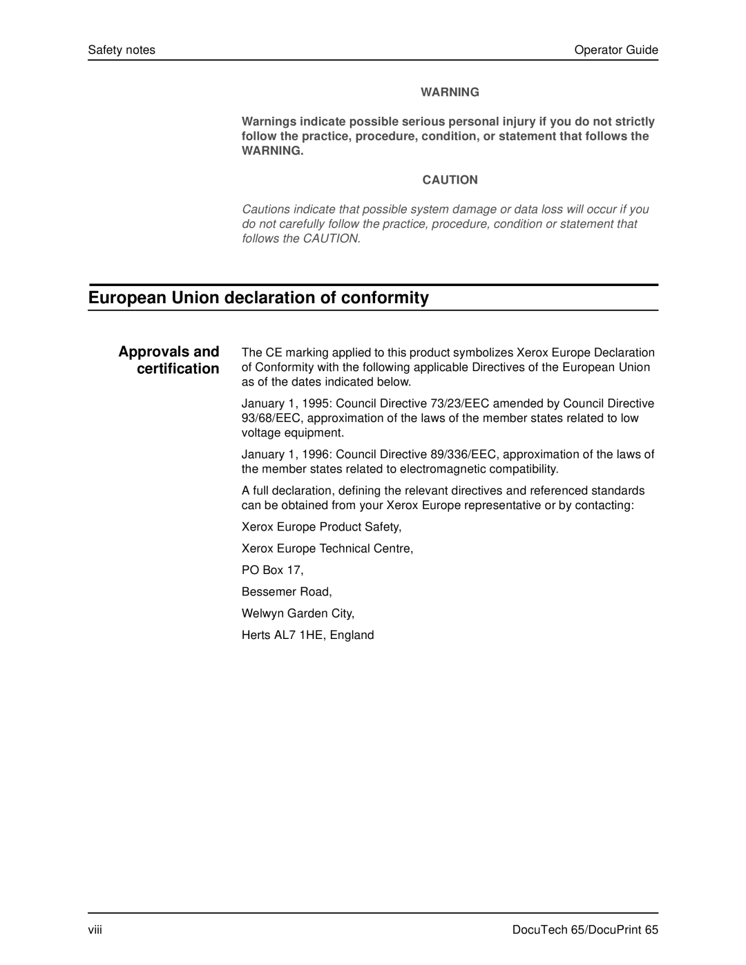 Xerox DOCUTECH 65 manual European Union declaration of conformity, Approvals and certification 