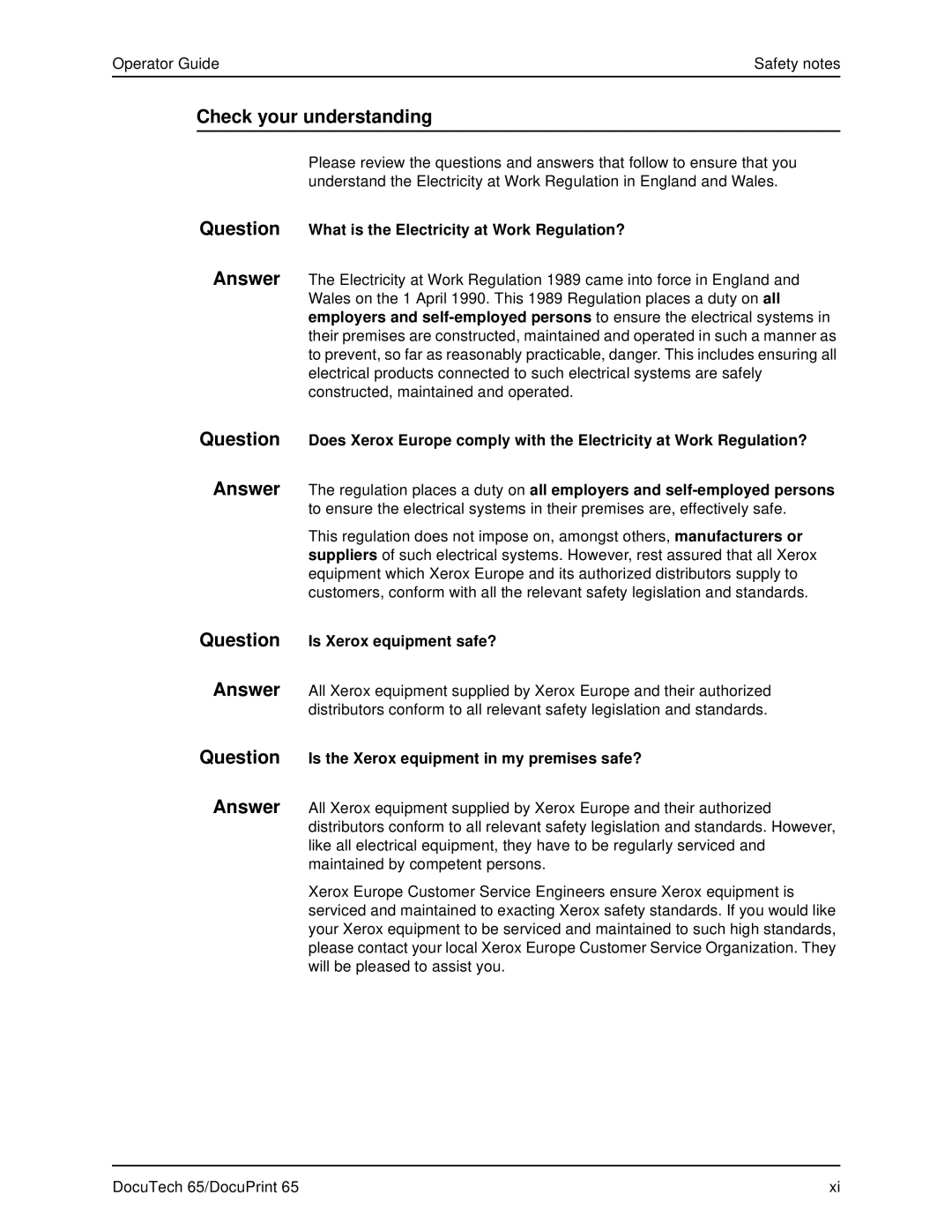 Xerox DOCUTECH 65 manual Check your understanding, Question What is the Electricity at Work Regulation? 