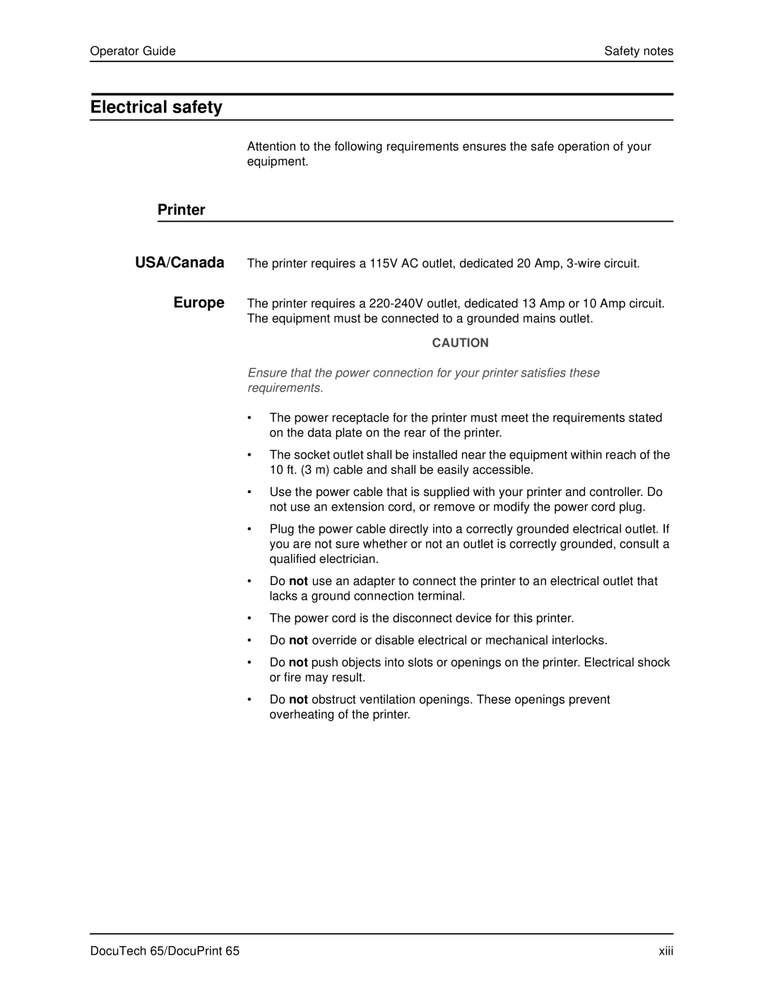 Xerox DOCUTECH 65 manual Electrical safety, Printer 