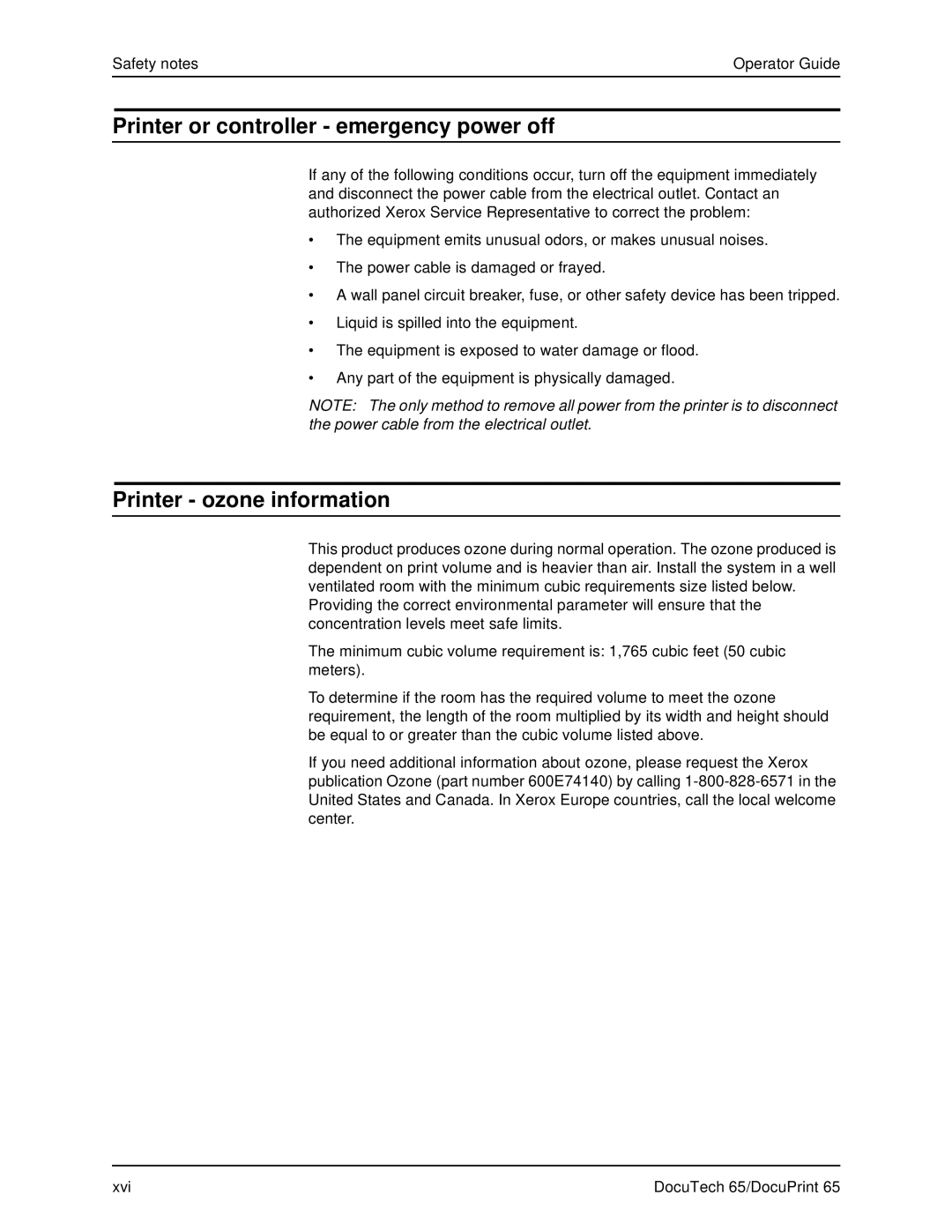 Xerox DOCUTECH 65 manual Printer or controller emergency power off, Printer ozone information 