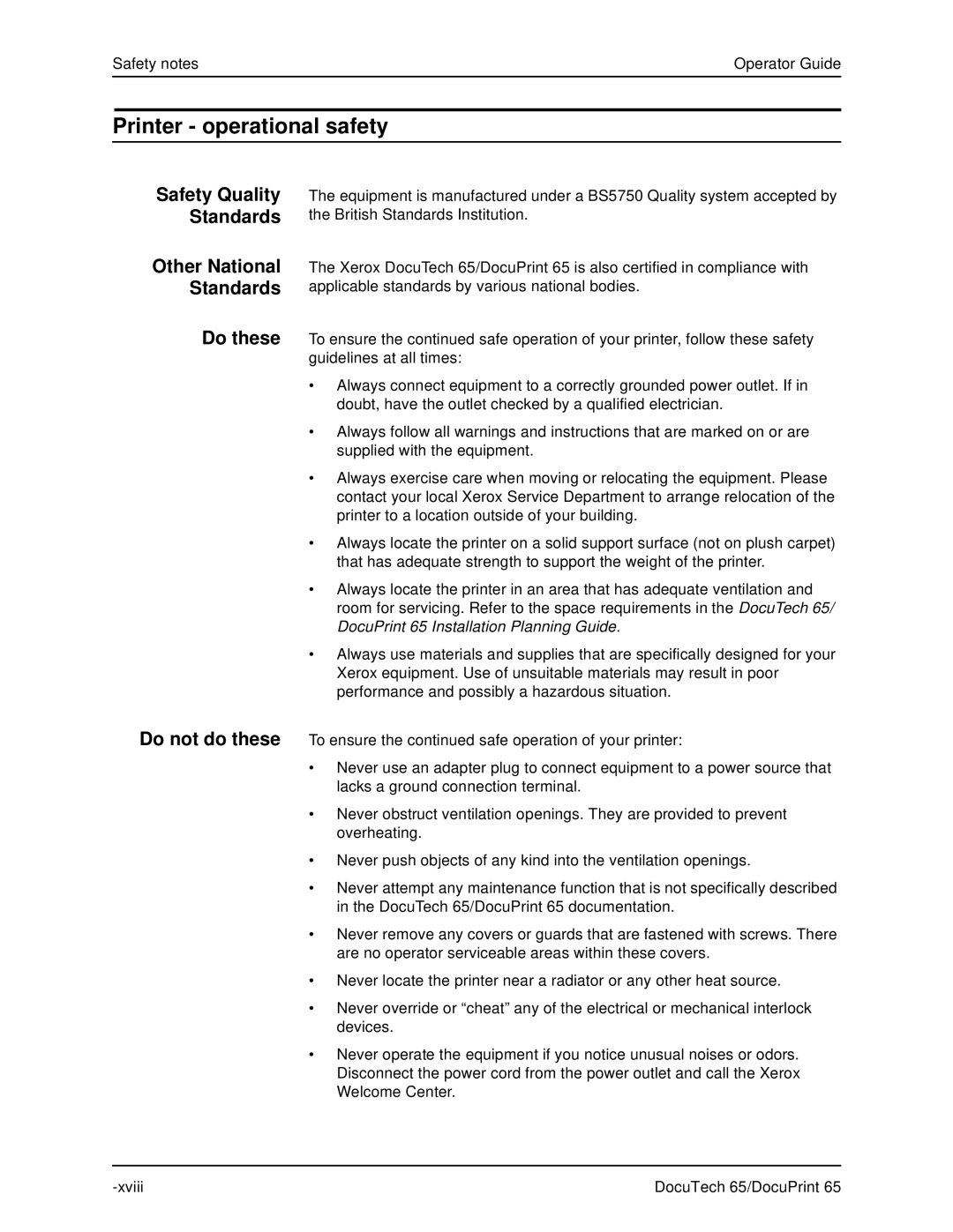 Xerox DOCUTECH 65 manual Printer operational safety, Safety Quality Standards Other National Standards Do these 