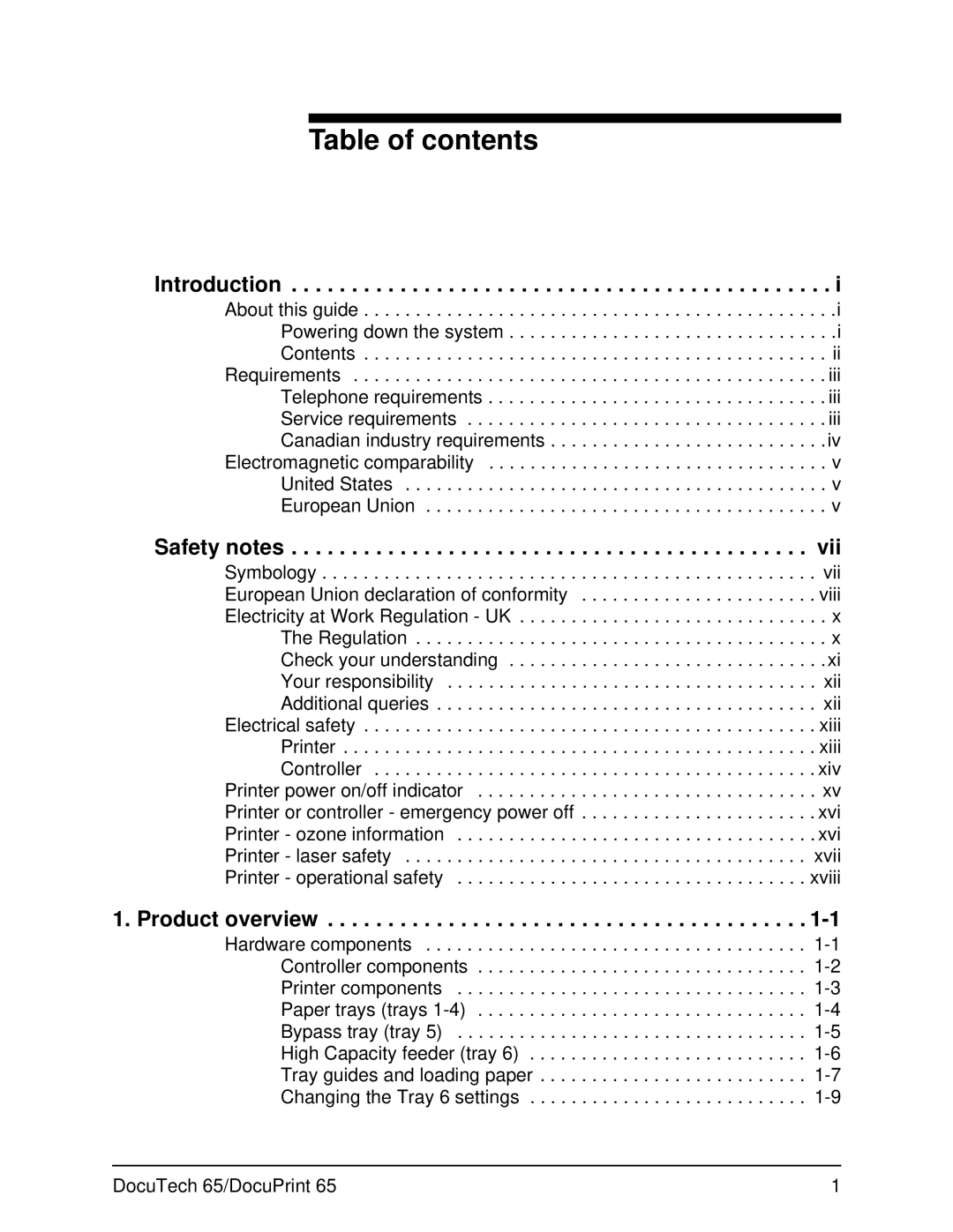 Xerox DOCUTECH 65 manual Table of contents 