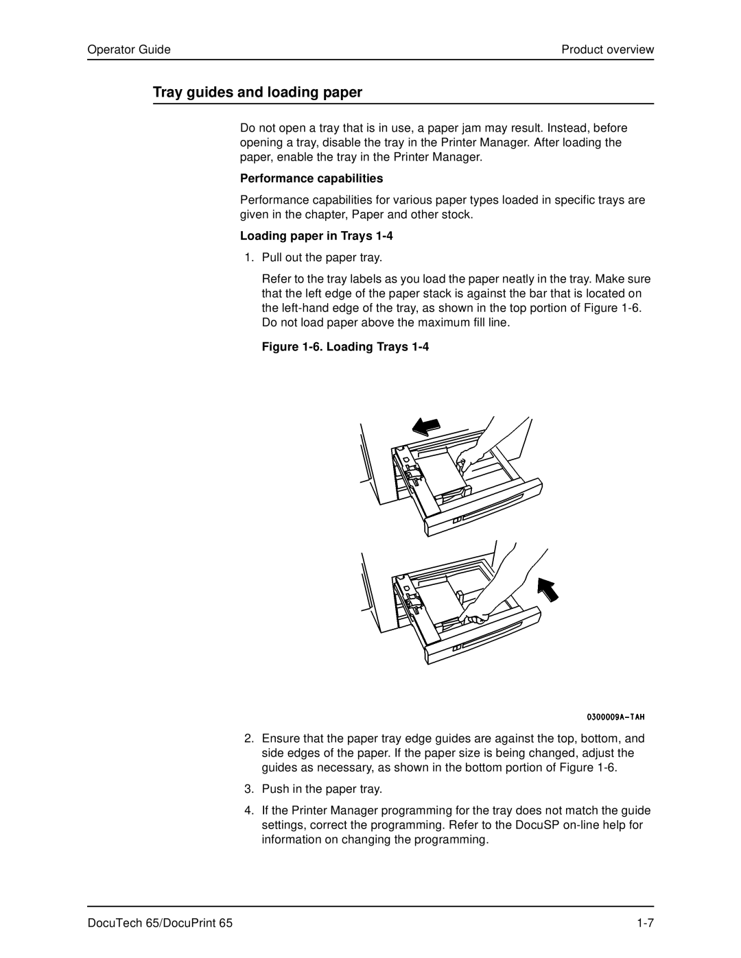 Xerox DOCUTECH 65 manual Tray guides and loading paper, Performance capabilities, Loading paper in Trays 