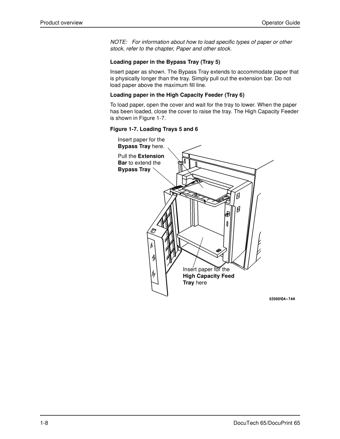 Xerox DOCUTECH 65 Loading paper in the Bypass Tray Tray, Loading paper in the High Capacity Feeder Tray, Bypass Tray here 