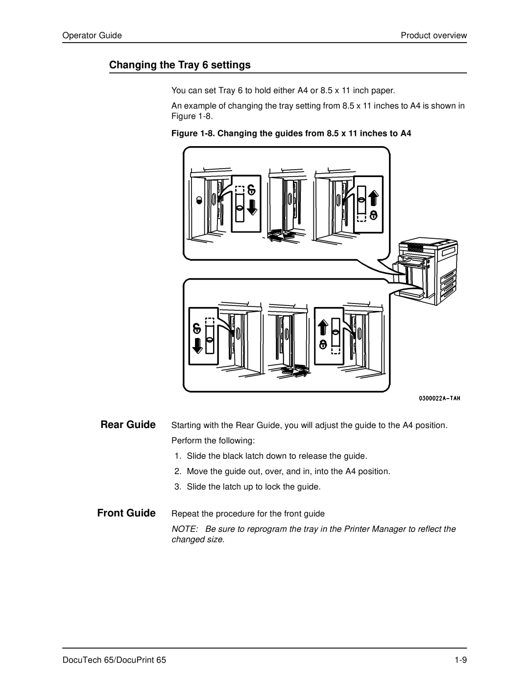 Xerox DOCUTECH 65 manual Changing the Tray 6 settings, Changing the guides from 8.5 x 11 inches to A4 