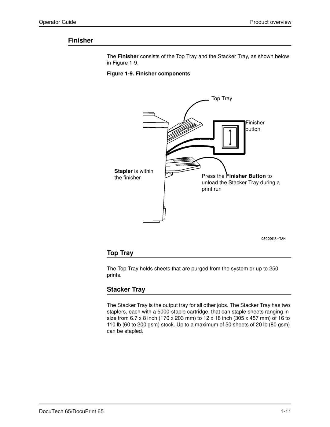 Xerox DOCUTECH 65 manual Top Tray, Stacker Tray, Press the Finisher Button to 