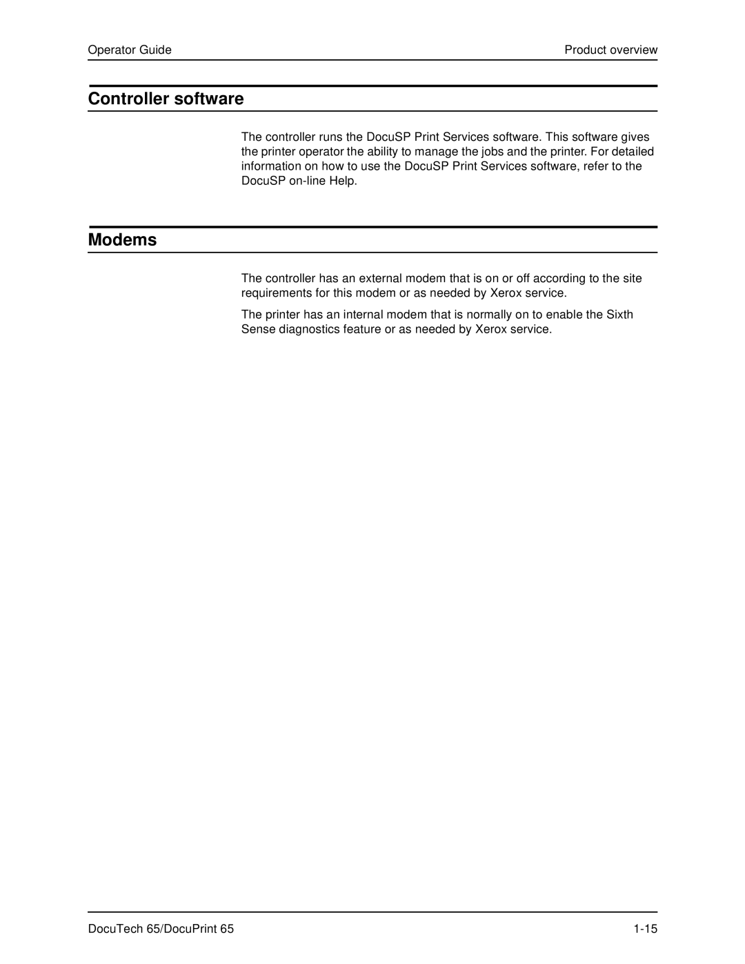 Xerox DOCUTECH 65 manual Controller software, Modems 