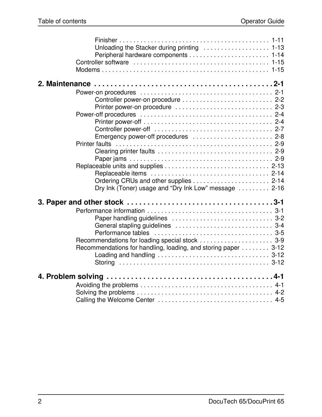 Xerox DOCUTECH 65 manual Maintenance, Paper and other stock, Problem solving 