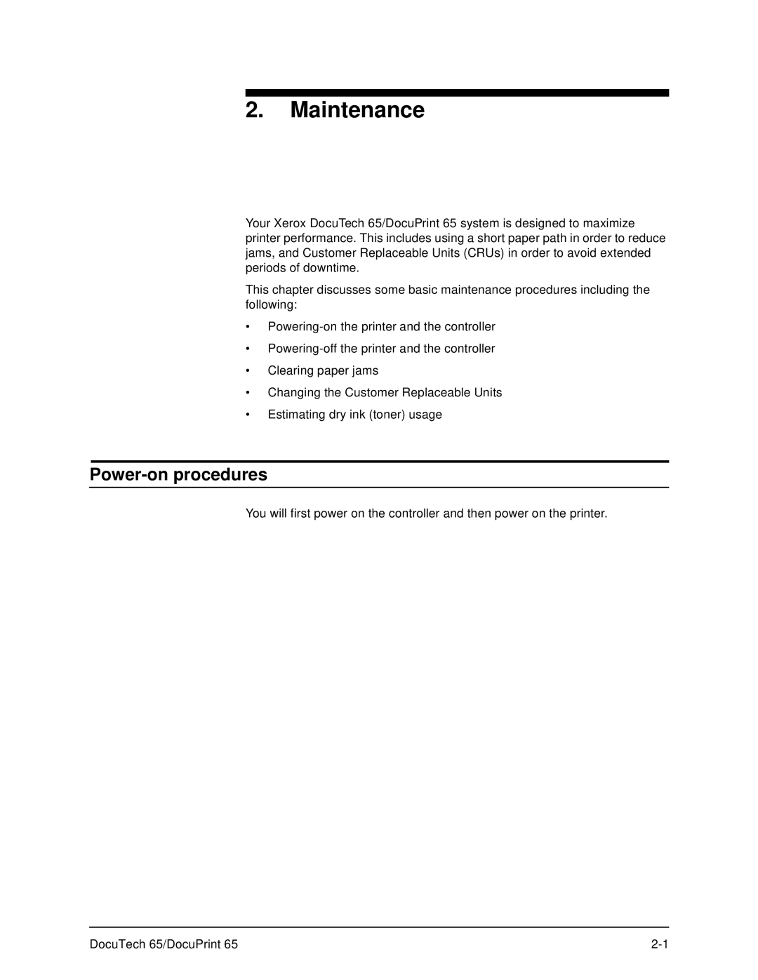 Xerox DOCUTECH 65 manual Maintenance, Power-on procedures 