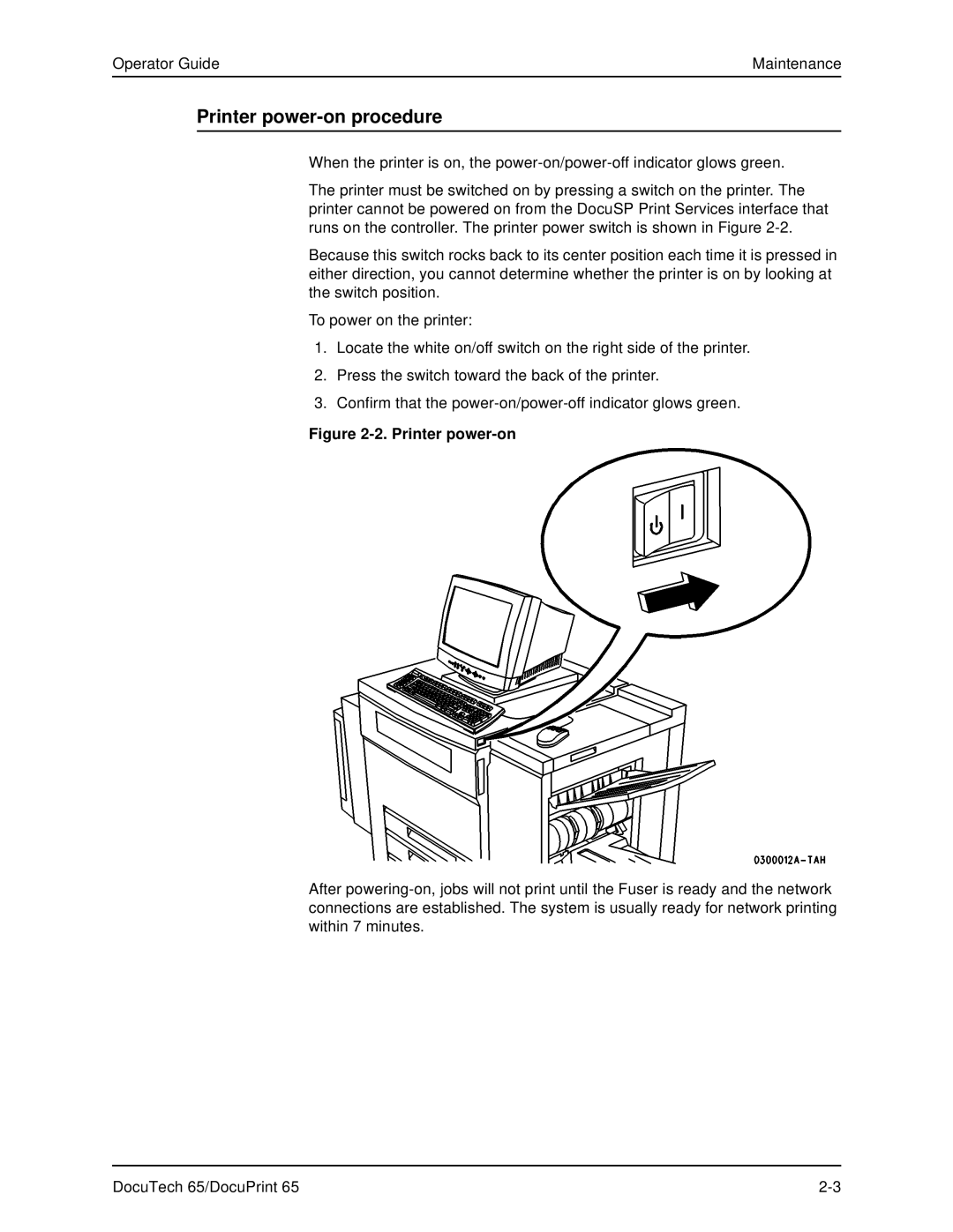 Xerox DOCUTECH 65 manual Printer power-on procedure 