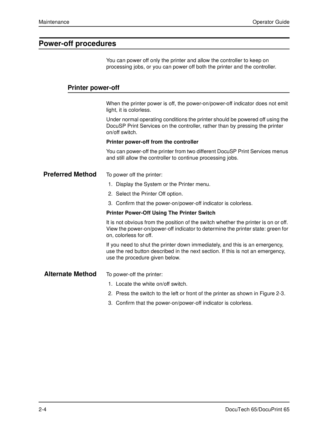 Xerox DOCUTECH 65 manual Power-off procedures, Printer power-off Preferred Method Alternate Method 