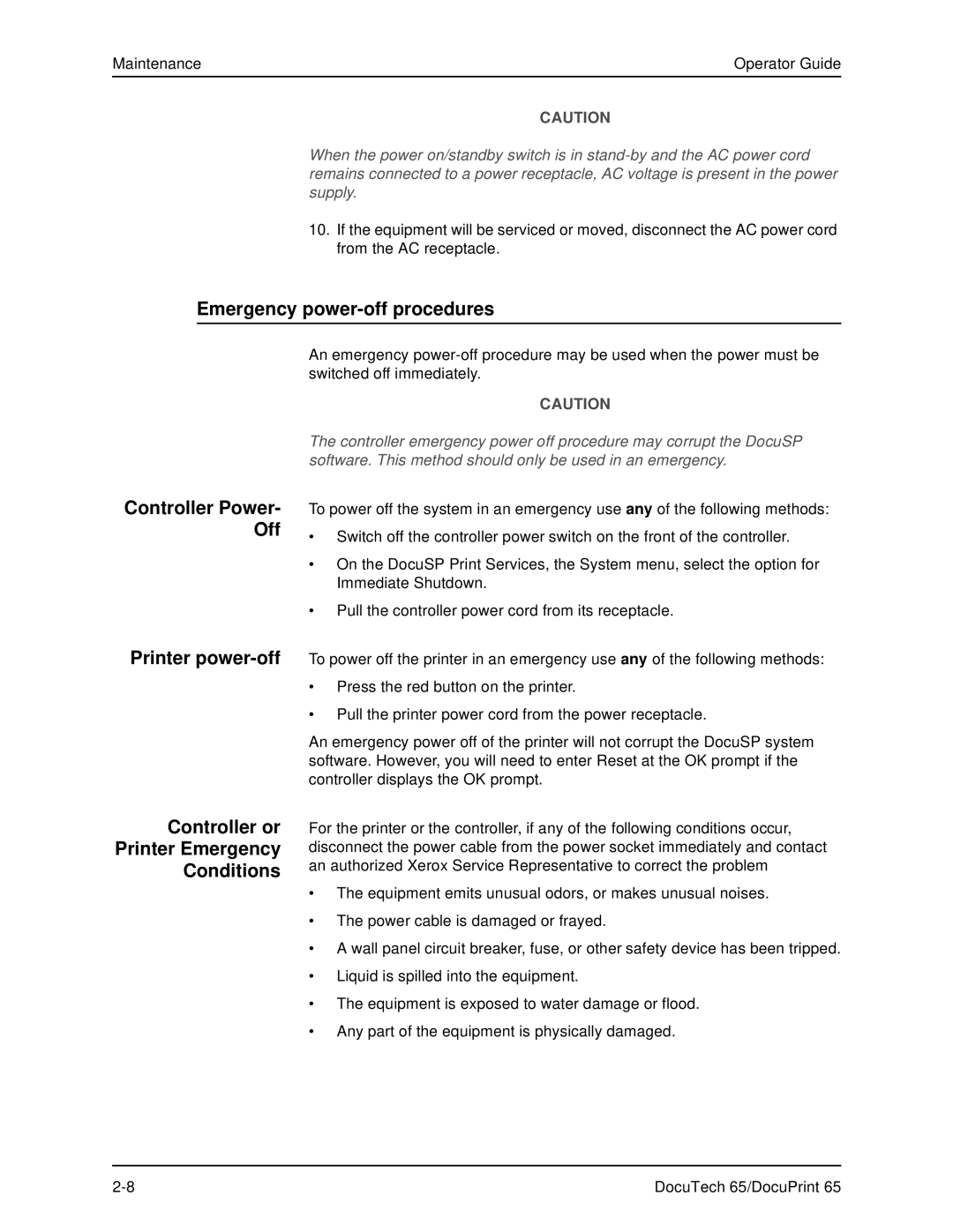 Xerox DOCUTECH 65 manual Emergency power-off procedures 