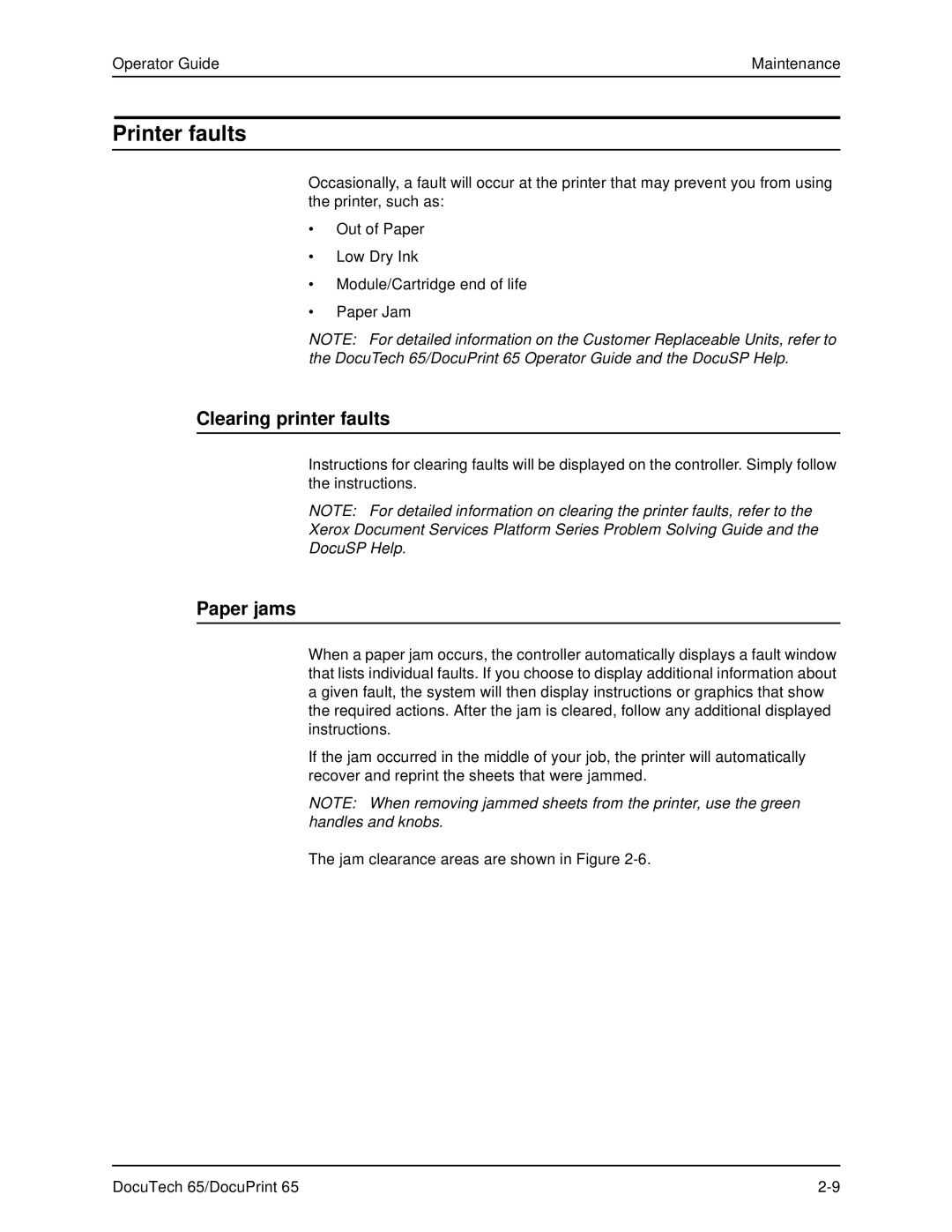 Xerox DOCUTECH 65 manual Printer faults, Clearing printer faults, Paper jams 