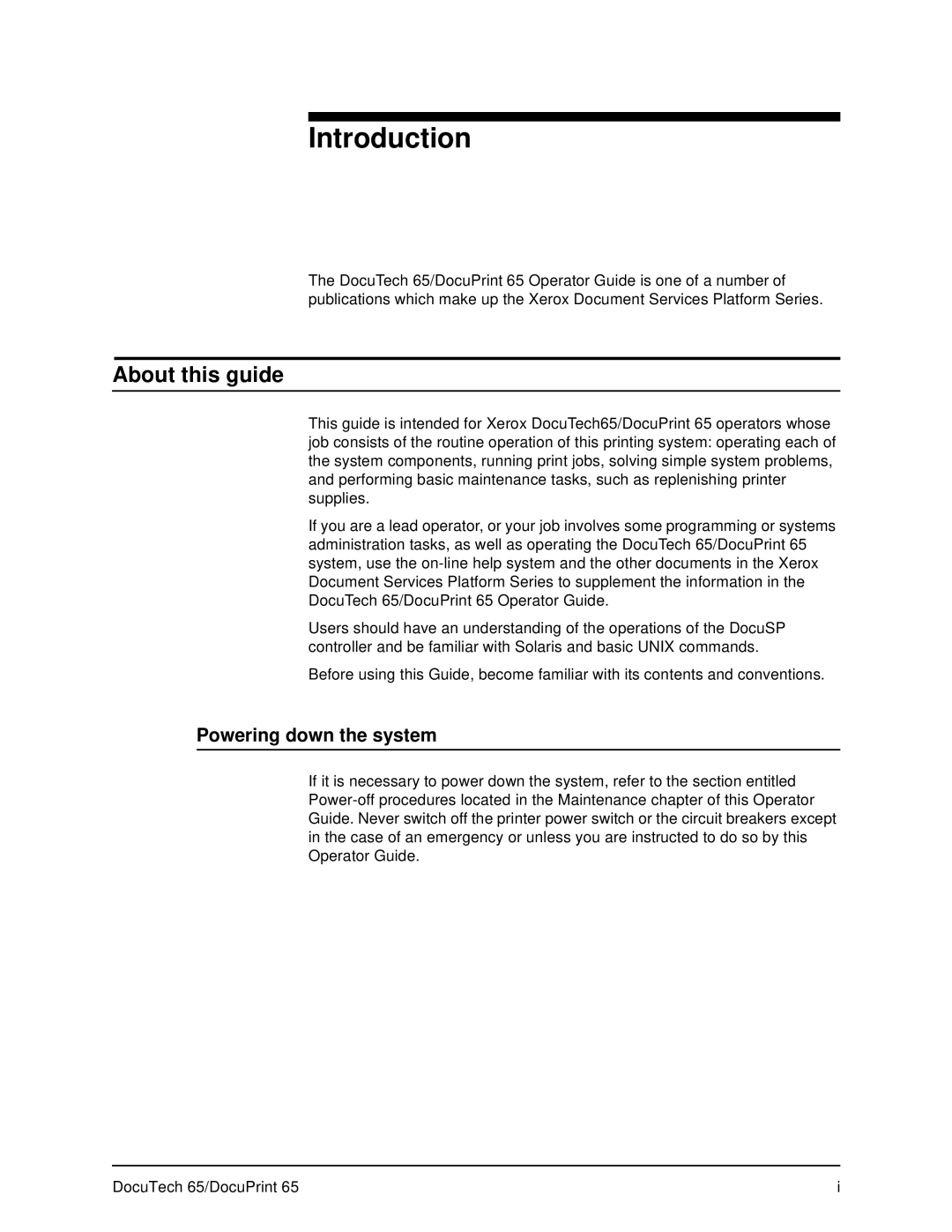 Xerox DOCUTECH 65 manual About this guide, Powering down the system 