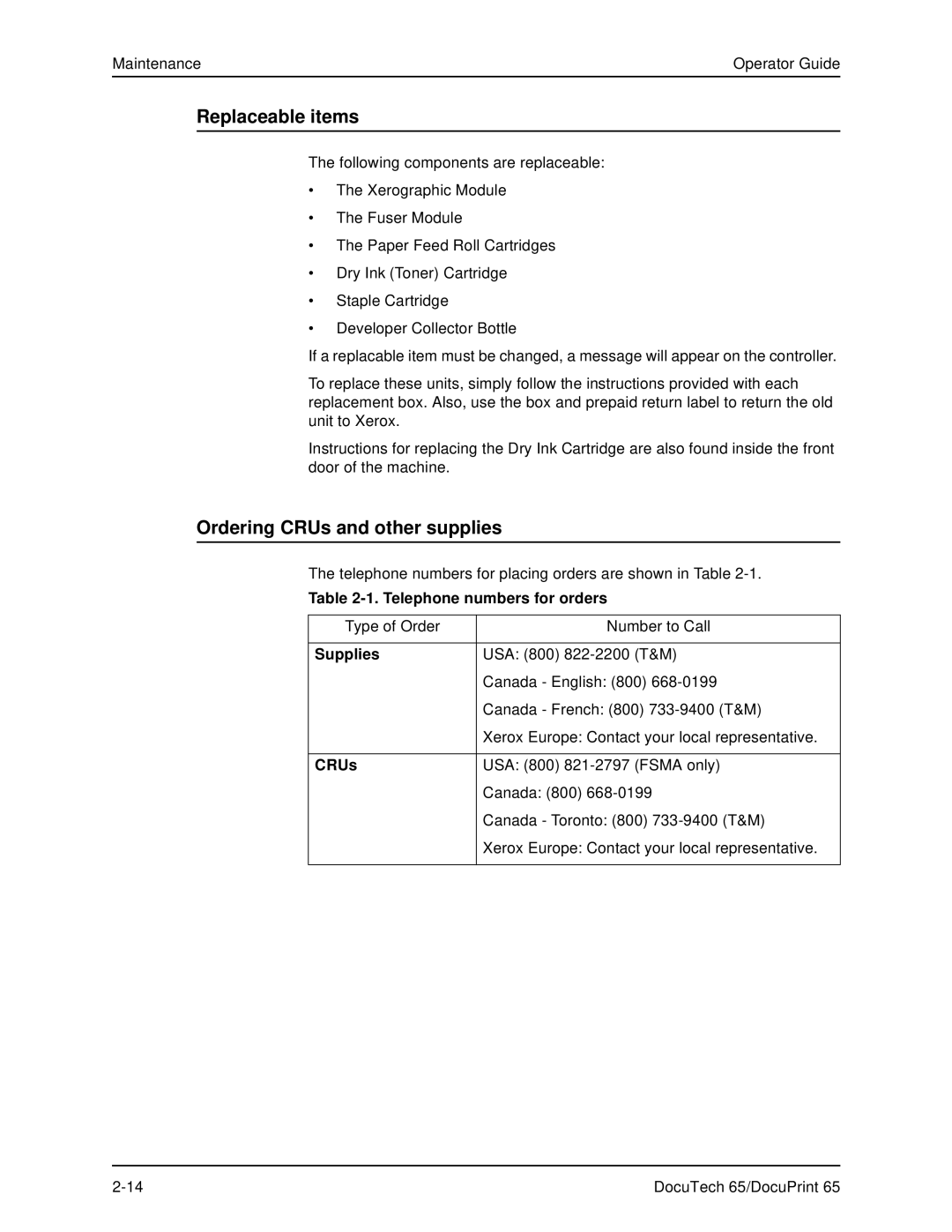 Xerox DOCUTECH 65 manual Replaceable items, Ordering CRUs and other supplies, Telephone numbers for orders, Supplies 