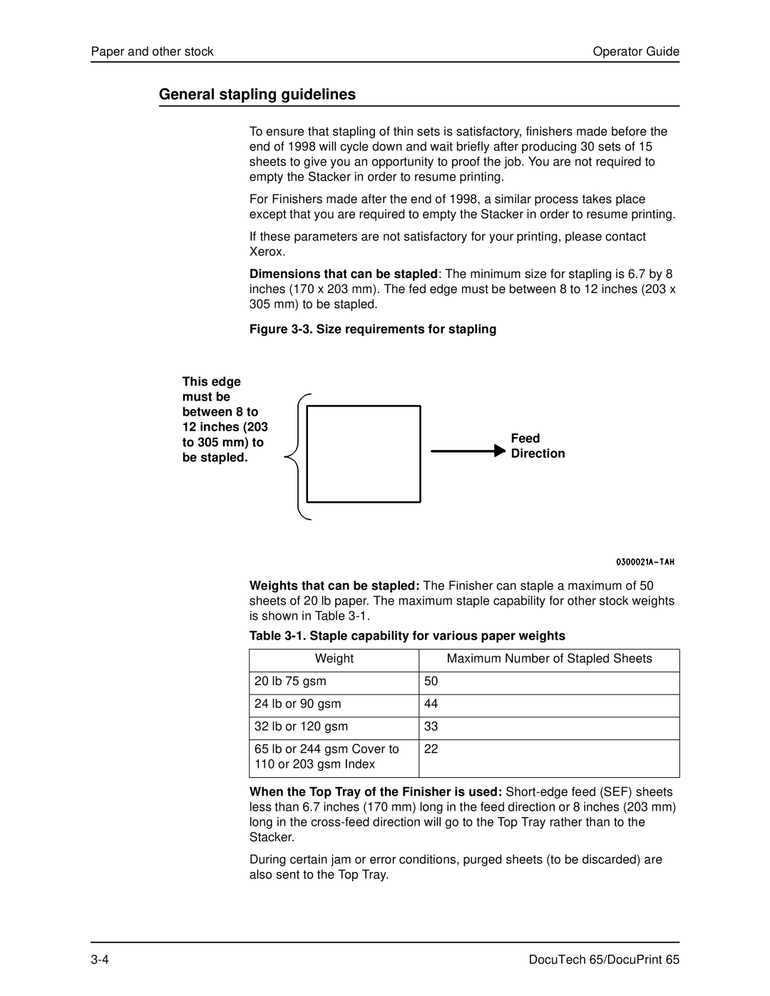 Xerox DOCUTECH 65 manual General stapling guidelines, Staple capability for various paper weights 