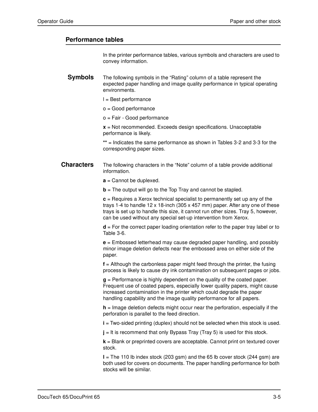 Xerox DOCUTECH 65 manual Performance tables Symbols Characters 