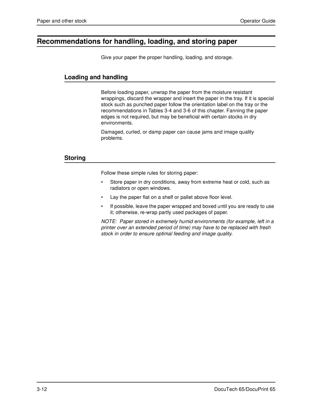 Xerox DOCUTECH 65 manual Recommendations for handling, loading, and storing paper, Loading and handling, Storing 