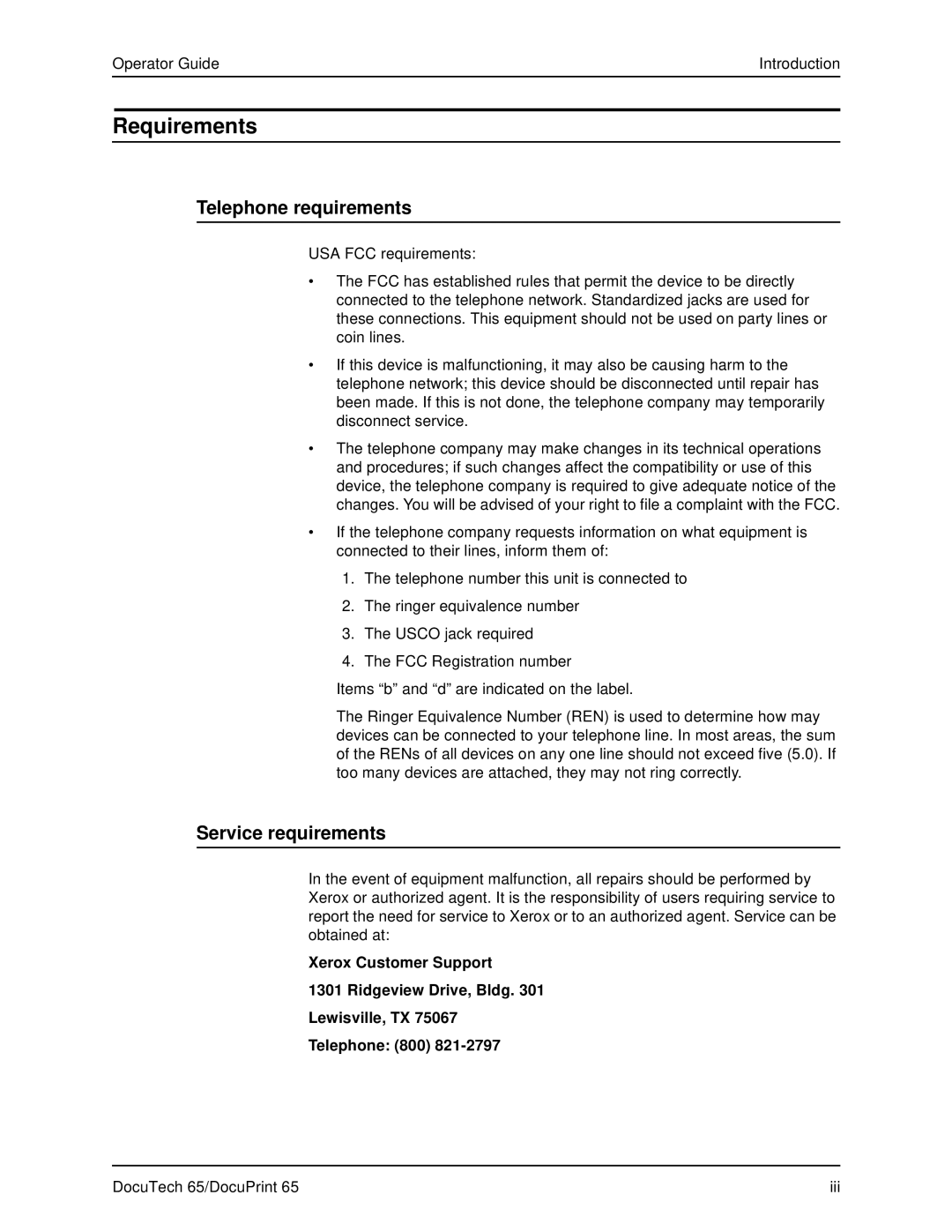 Xerox DOCUTECH 65 manual Requirements, Telephone requirements, Service requirements 