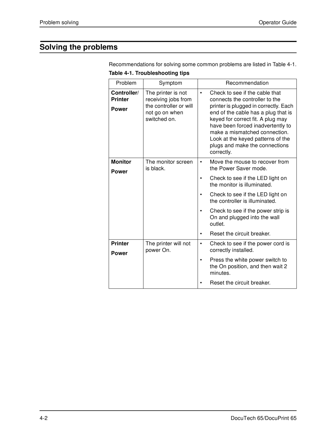 Xerox DOCUTECH 65 manual Solving the problems 