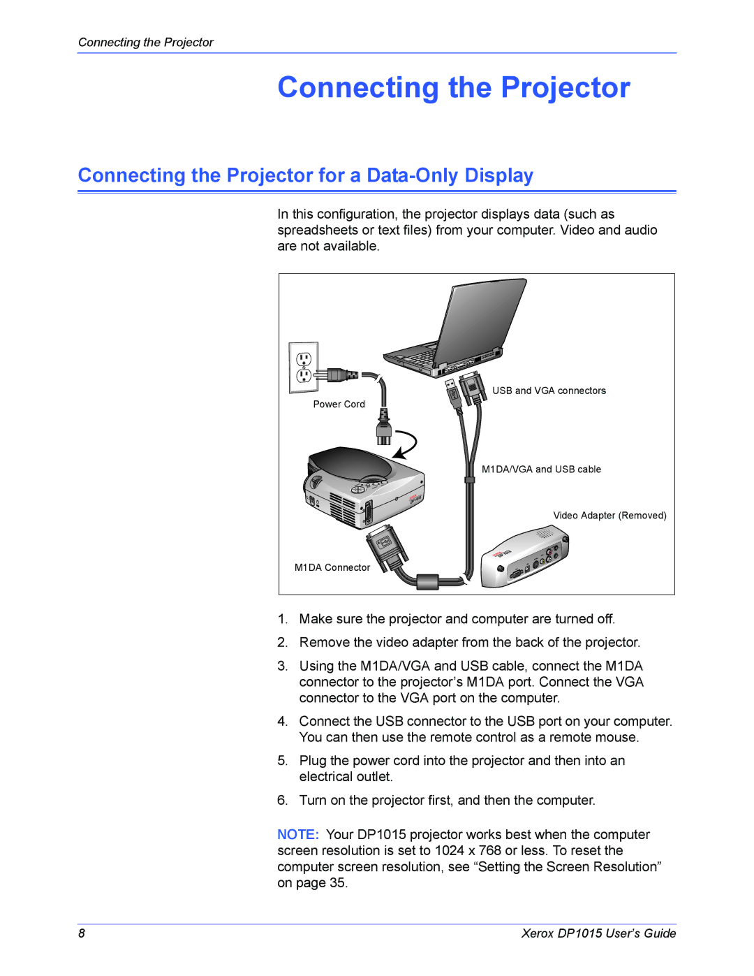 Xerox DP 1015 manual Connecting the Projector for a Data-Only Display 