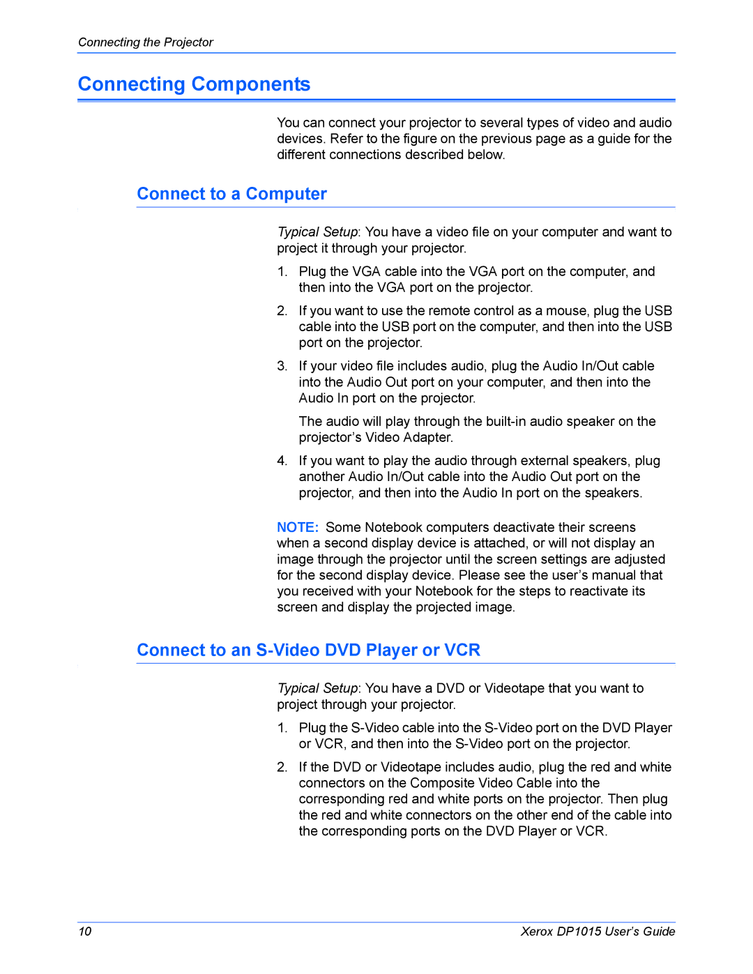 Xerox DP 1015 manual Connecting Components, Connect to a Computer, Connect to an S-Video DVD Player or VCR 