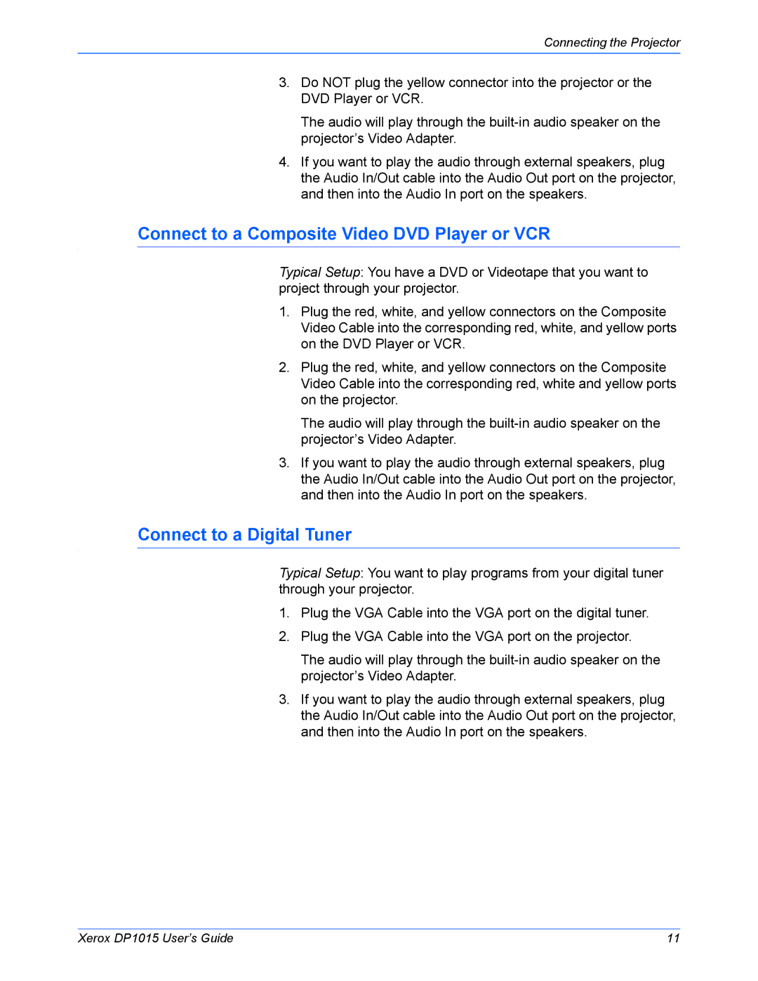 Xerox DP 1015 manual Connect to a Composite Video DVD Player or VCR, Connect to a Digital Tuner 